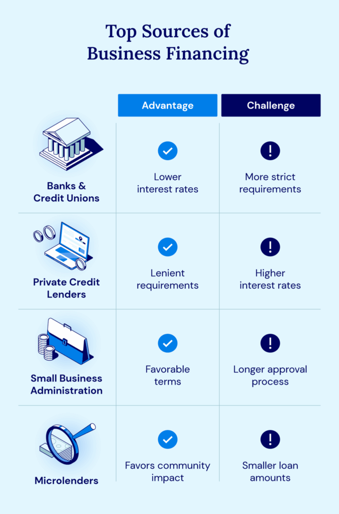 Four main types of business lenders include banks and credit unions, online lenders, the government, and microlenders.